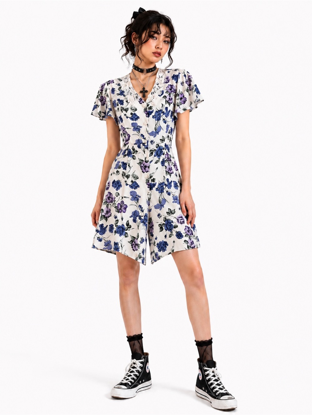 Vintage 90s Emblem Floral Romper Shorts Dress Cottagecore Lace Collar 7/8 Small